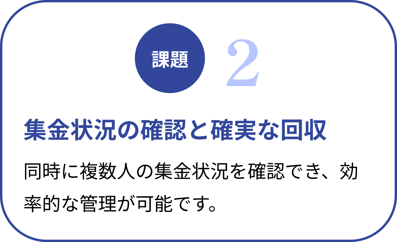 集金状況の確認と確実な回収 | 同時に複数人の集金状況を確認でき、効率的な管理が可能です。