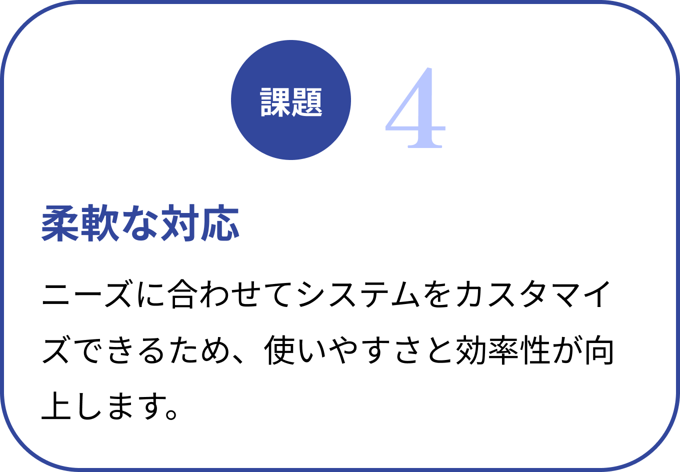 柔軟な対応 | ニーズに合わせてシステムをカスタマイズできるため、使いやすさと効率性が向上します。