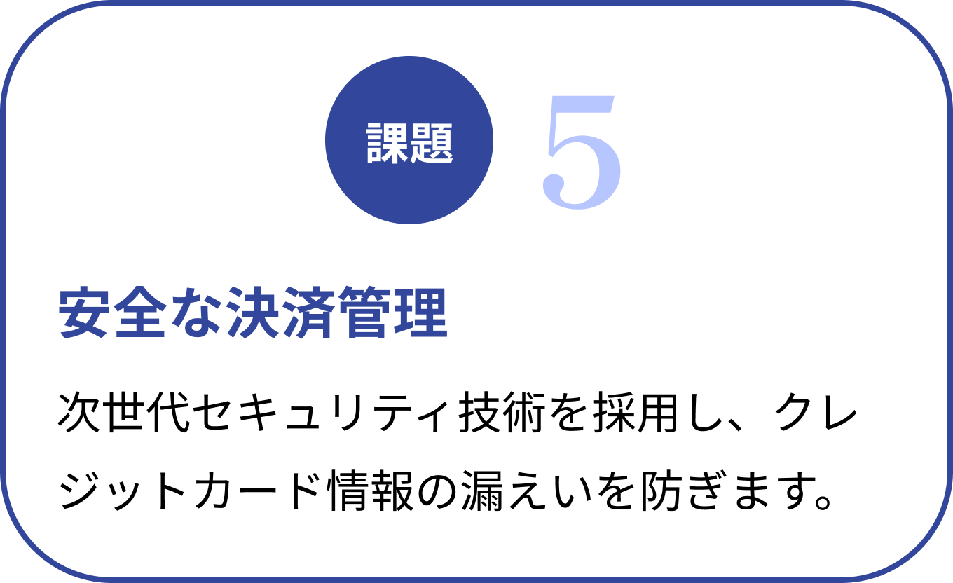 安全な決済管理 | 次世代セキュリティ技術を採用し、クレジットカード情報の漏えいを防ぎます。